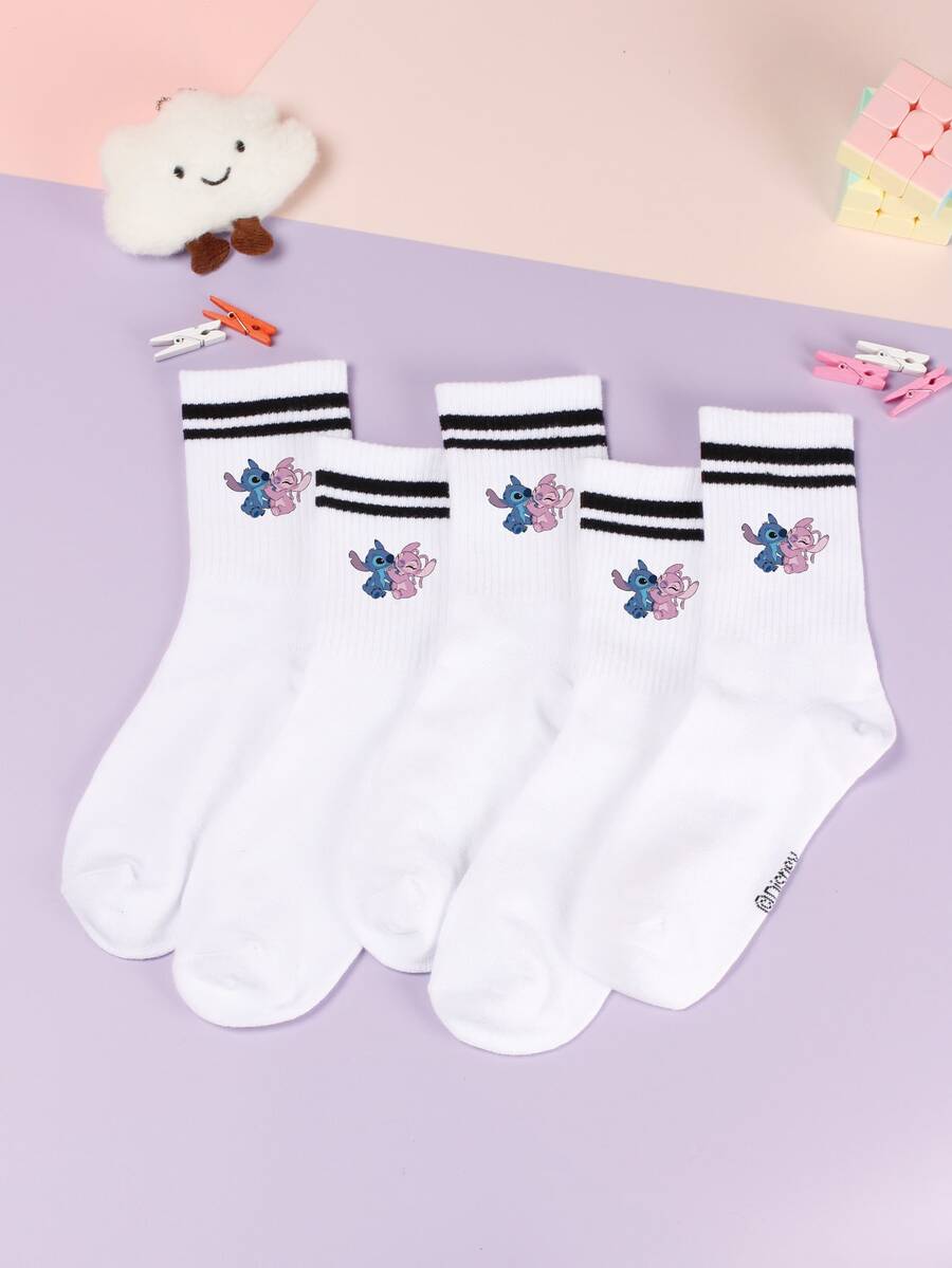 5/1 Pair Cute Cartoon Pattern Mid-Calf Socks, Sports Stripe Design, Made Of Polyester Fiber, Fashionable Casual Breathable, Suitable For Daily Wear, Back To School Season And Holiday Gifts - Multicolor - View 1