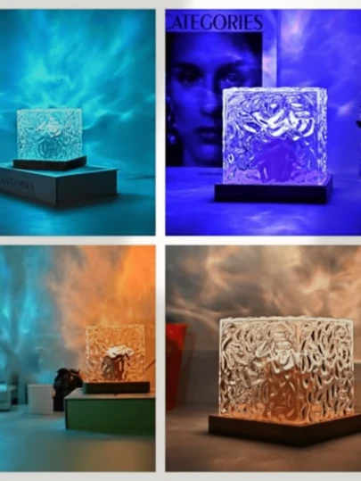 1个北极光波浪投影氛围灯，16色变色立方体水晶灯，带触摸/遥控功能，适用于露营、卧室装饰、婚礼、节日派对、情人节礼物、家居装饰、露营配件 | 奇幻主题装饰 | USB供电投影仪