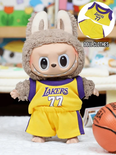 The Monsters Lakers - 2-Piece Yellow Mesh Sleeveless Top & Shorts Set With Purple Trim & Number 77, Miniature Sports Costume For Plush Toy Like , Kawaii Fashion Accessory For DIY Doll Display, Collector's Gift, Suitable As A Gift For Boyfriends Or Girlfriends