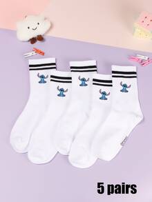5/1 Pair Stitch Cartoon Pattern Mid-Calf Socks, Sports Stripe Design, Polyester Material, Cute Cartoon Pattern, Fashionable Casual Breathable, Suitable For Daily Wear, Back To School Season And Holiday Gifts. - Multicolor - View 2