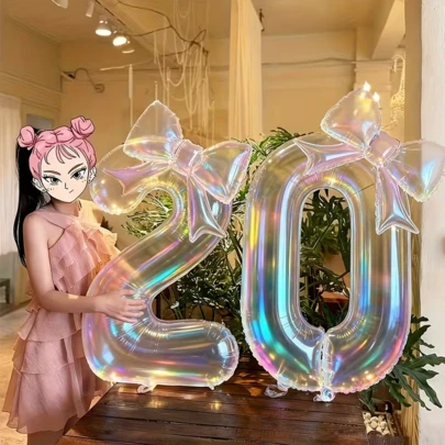 Large Colorful Transparent Number Mixed Bow Balloon Set, For Birthday Party Decoration, Anniversary Celebration, Holiday Party, Background Wall, Outdoor Event, Photo Shoot Balloon Supplies