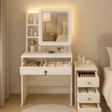 Dressing Table With Sliding LED Mirror And Light, Dressing Station Set With Movable Drawers, And Open Shelves, Bedroom Or Bathroom Dressing Table, Christmas Gift - Trắng (có tủ đầu giường) - Xem 12