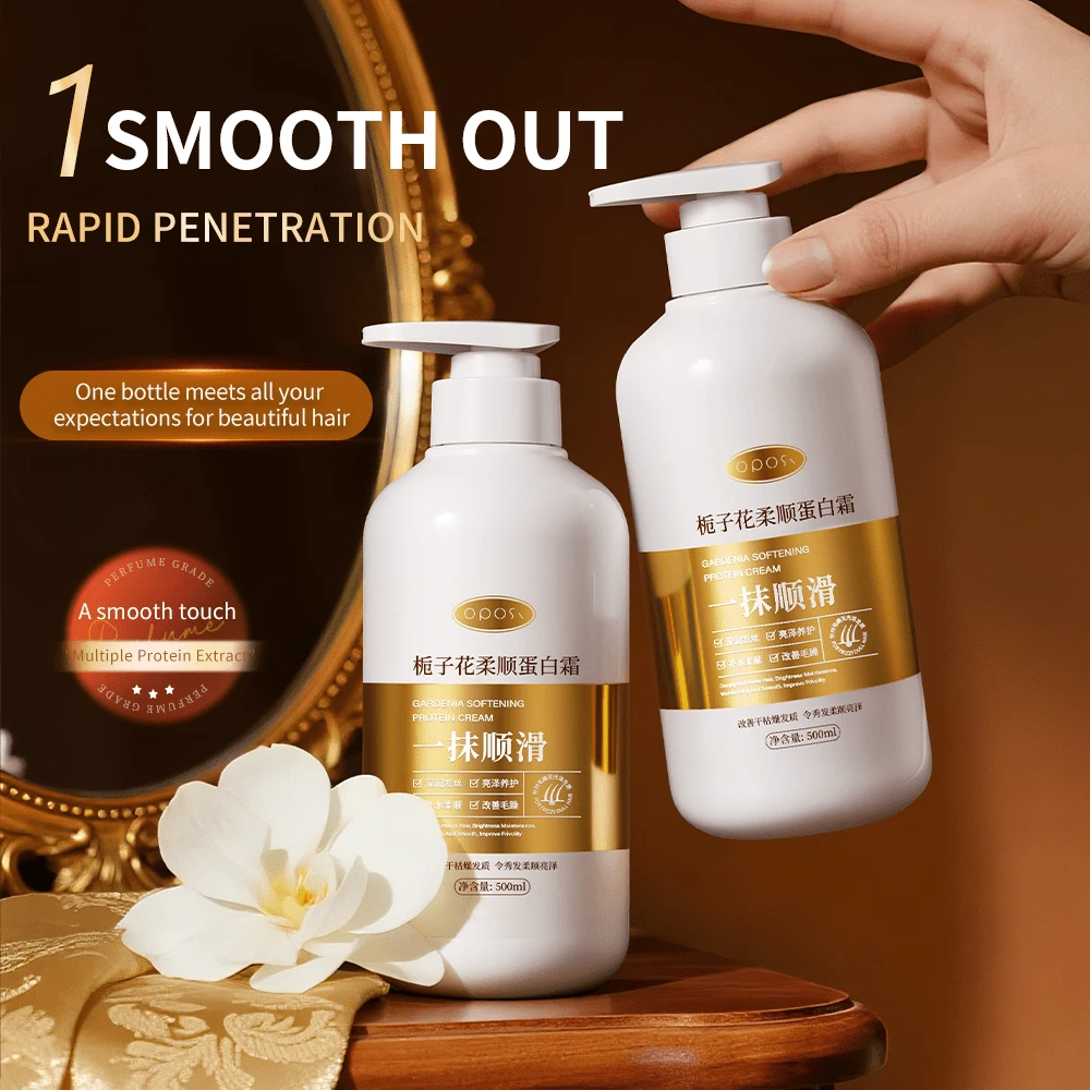 500毫升栀子花蛋白发膜，富含胶原蛋白、透明质酸和澳洲坚果籽油——修复受损发质，提升光泽——滋润并滋养干燥、卷曲、受损发质，适用于直发、卷发、染烫发质——所有发质 - 白色 - 查看 1