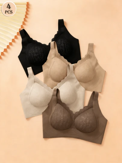 4件装女士纯色蕾丝无钢圈可调节舒适支撑透气文胸