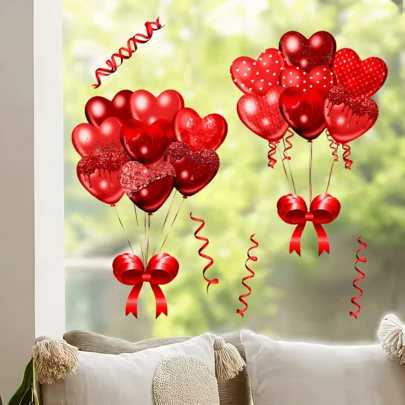 Red Heart Balloon Stickers, Valentine's Day Static Cling Window And Door Decals, Window Decorations, Heart Balloon Pattern, Modern Style, No Adhesive Required, Seasonal Decoration, Holiday Gift, For Holiday Shoppers.