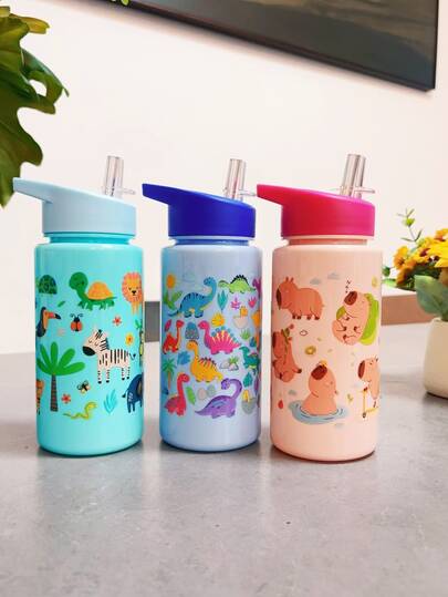 1pc 500ml Straw Cup, Cute Cartoon Water Bottle, Portable Outdoor Sports Camping Cup, Suitable For School Dormitory Campus Use With Handle