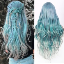 Elegant Mermaid Style Long Wavy Blue Ombre Wig - Heat Resistant Synthetic Fiber, Suitable For Women, Daily, Party, Cosplay