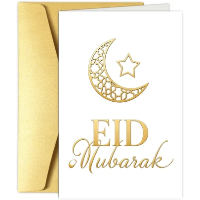 1 st Eid Mubarak-hälsningskort med islamiskt mönster, Ramadan Kareem-kort, halvmåne-tema Eid-dekorationer, med engelskspråkig typ, för familjegåvor, Eid-festgåvor, skolfirande Eid