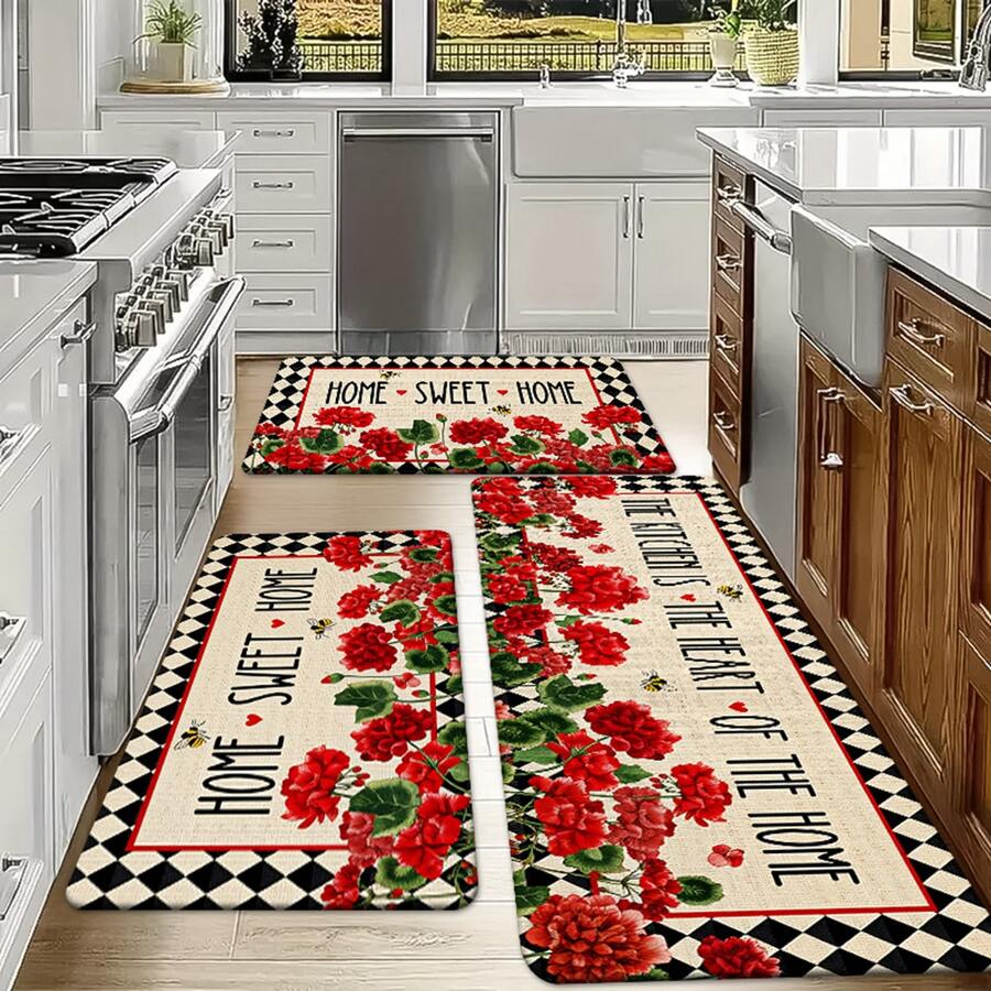 1/2/3pcs Spring Summer Daily Kitchen Rug With Home Sweet Home Design Red Flowers And Bees Pattern Polyester Door Mat For Kitchen Bathroom Outdoor Garden Party Decor Kitchen Carpet Kitchen Mat Door Mat Home Decor - Multicolor - View 1