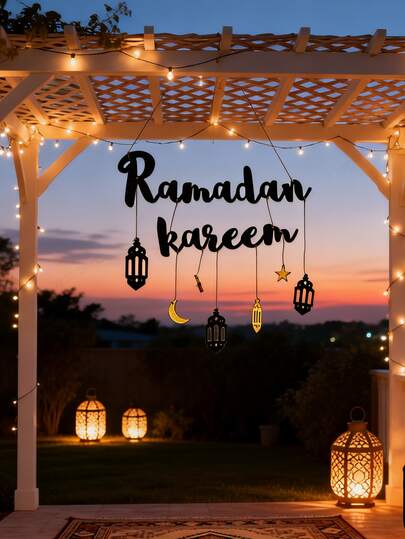 1pc Ramadan Blessing Wooden Hanging Plaque, Islamic Holy Month Decoration With Moon, Star And Lantern Pendants, For Eid Celebration, Wooden Craft Pendant Decor, Eid Room Decoration