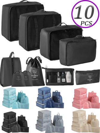 10 st/set reseorganiseringsväskor, vikbara packkuber för bagage, handväska, bärbar förvaringsväska, multifunktionell packpåse, vattentät necessär med stor kapacitet, PVC-kosmetikfodral, sminkborstehållare, skopåse, kompressionsväska, skolmaterial, strandsemesterns viktigaste saker, researrangör, kosmetikaförvaring, badrum, studenthem, mors dag-present, present till flickvän, familj, lärare