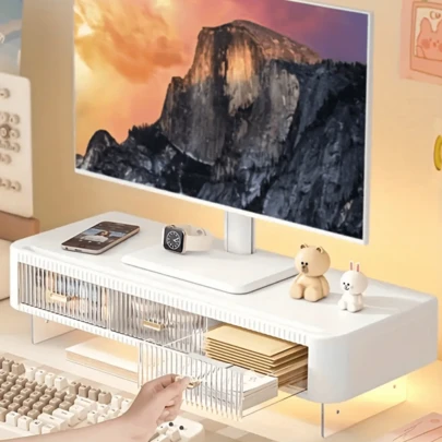 Monitor Stand, 21inch Long Monitor Stands Riser For Monitors, Pull-Out Door With Storage Organizer Stand For Desk, 2 Tier Desk Shelf For Laptop, Pc, Printer, Computer, TV