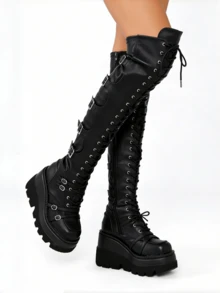 Women's Black Platform Boots Over Knee Thigh High Goth Boots For Women Lace Up Chunky Heel Motorcycle Boots Buckles Side Zip Lace Boots Dressy Party Y2K Shoes - màu đen - Xem 5