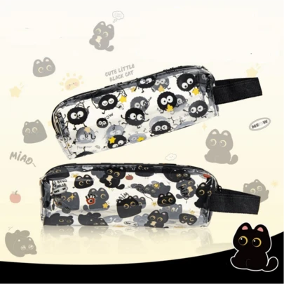 PVC材质猫咪图案铅笔盒，防水防污，可爱大容量设计，新款文具包，适合学校、办公室和手工用品。