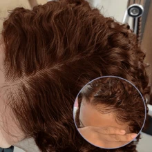 34英寸巴西卷曲蕾丝前假发，13x4、13*6、5*5高密度混发，预修剪发际线，巧克力棕色波浪卷发假发 - 高清预拔毛自然发型，适合日常及各种场合佩戴，质地柔软 - 棕色 - 查看 4