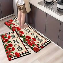 1/2/3pcs Spring Summer Daily Kitchen Rug With Home Sweet Home Design Red Flowers And Bees Pattern Polyester Door Mat For Kitchen Bathroom Outdoor Garden Party Decor Kitchen Carpet Kitchen Mat Door Mat Home Decor - Multicolor - View 4