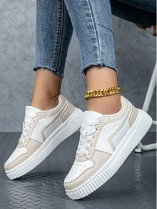 Zapatillas de deporte retro clásicas de mujer - Zapatos con cordones de color verde oliva, parte superior sintética y suela acolchada de EVA, elegantes y cómodos, aptos para fitness, running y uso diario - Unisex para todas las estaciones - Beis - Ver 5