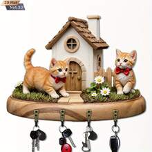 1pc Country Style Cat & House Key Holder - Wooden Wall Mounted Key Cabinet With House Shaped Cutout And Cat Door - Suitable For Entryway, Doorway Etc. 22.5cm X 17.3cm Decorative Key Display Rack, 2D Flat - Multicolor - View 10