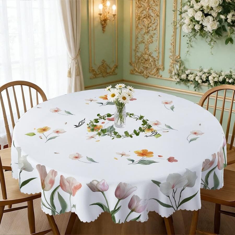 1pc/36pcs Spring & Summer Floral Anti-Wrinkle Tablecloth, Embossed Edge Craft, Rectangular/Round Tablecloth, Multiple Sizes Available, Polyester Fiber Tablecloth, Indoor Dining/Outdoor Party - White - View 1
