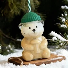 20盎司无标签玻璃熊马克杯，蜂蜜熊吸管杯带盖，可爱马克杯，熊鸭嘴杯，适用于咖啡、啤酒、葡萄酒、鸡尾酒饮料 - 彩色 - 查看 2