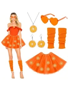 7pcs Aperol Spritz Lace Dress Set, Including Orange Earrings, Necklace, Heart-Shaped Sunglasses, Orange Socks, Women's Carnival Costume, Halloween Outfit - Burnt Orange - View 5