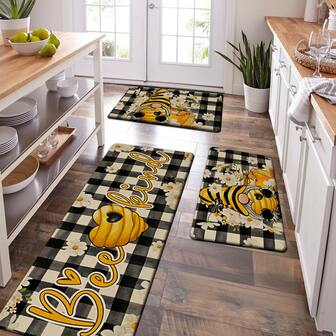 1/2/3pcs Spring Summer Daily Kitchen Rug Bee Gnome Honey Jar Daisy Flowers Checkered Pattern Polyester Floor Mat For Kitchen Decor Home Decor Kitchen Carpet Kitchen Mat Door Mat Home Decor