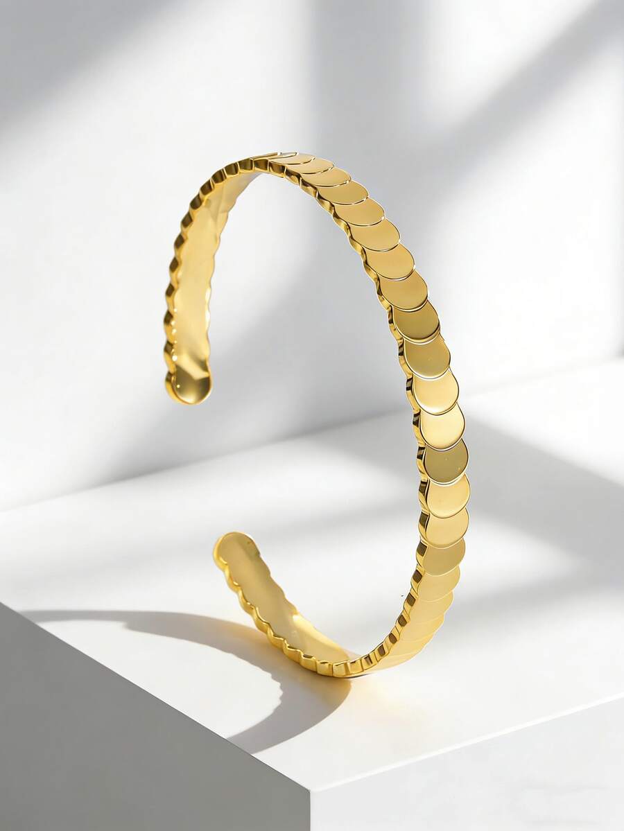 Charm-In 1pc Gold-Plated Disc Chain Open Cuff Bracelet For Women - Fashion Accessory For Daily Wear/Weekend Gatherings, Ideal Gift For Her (Anniversary/Birthday) - Gold - View 1