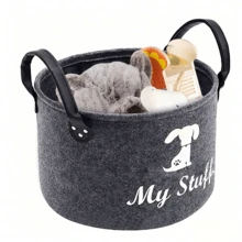 32cm X 22cm Gray Round Pet Toy Storage Basket With Handle, Dog Toy Basket
