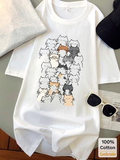 猫咪图案短袖中长款T恤，时尚休闲女式上衣