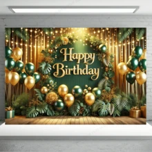 1件生日快乐背景横幅，涤纶材质，深绿色和金色生日主题，带有森林热带植物和礼盒装饰，适用于生日、庆祝派对、家庭客厅、卧室、办公室、户外派对和节日礼物、户外聚会、庆祝活动装饰、主题装饰、生日用品。 - 彩色 - 查看 4