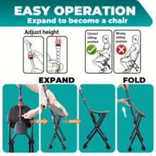 2-In-1 Walking Cane With Seat, Cane, 4-Leg Cane And Folding Cane With Seat, Alloy Cane Chair, 3/4-Leg Cane And Folding Chair With Cane, Walking Cane, Portable Folding Cane, Adjustable/Heavy Duty/Non-Slip Lightweight Cane For Elderly - Multicolor - View 3