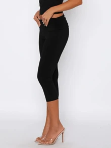 Women's Y2k Fold Over Yoga Capri Pants Soft Stretchy Cropped Leggings Elastic Waist Solid Color 3/4 Length Pants Casual Summer Wear - 黑色 - 查看 2