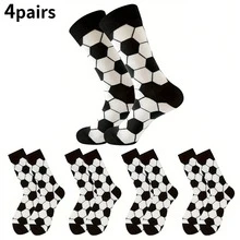 4 Pairs Kids Football Pattern Socks, Black & White, Boys & Girls Sports Striped Mid-Calf Socks, Versatile For Daily Wear