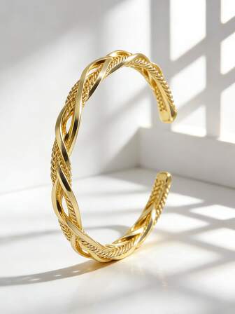 Charm-In 1개 걸 금도금 땋은 오픈 커프 팔찌 - 브런치/파티 룩을 위한 빈티지-시크 액세서리, 그녀를 위한 완벽한 선물 (기념일/여성의 날)