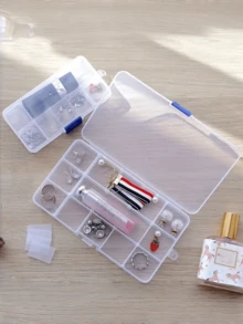 1个桌面收纳盒，10/15/24格设计，塑料材质，带可调节隔板，透明，多用途，可用于收纳工艺品、珠宝、渔具等，方便携带，也可作为户外收纳盒使用。