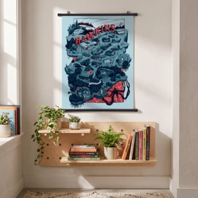 《怪奇物语》霍金斯地图墙贴 - 30x40厘米挂轴艺术海报，复古80年代风格，魔王氛围，卧室宿舍装饰，怪奇物语周边礼物，粉丝必备，怪奇物语