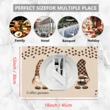 1 Stück/4 Stücke/6 Stücke Heimdekoration Leinen Platzset mit bedrucktem Kaffee-Elf Muster, geeignet für Esszimmertisch, Dekoration für alle Jahreszeiten, moderne waschbare Tischauflage, Raumdekoration, Untersetzer, Küchen-Esszimmertisch-Matte, Innen- und Außendekoration für Partys, Heimdekoration, ideales Geschenk - Verschiedenfarbig - Übersicht 10
