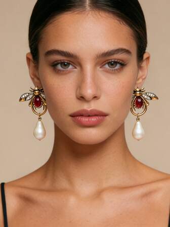 ต่างหูและสร้อยคอรูปสัตว์ประดับเพชรไมโคร เซอร์โคเนีย รูปแมลง วินเทจ หยดน้ำ ไข่มุกสังเคราะห์ ดีไซน์หรูหราและสง่างาม เครื่องประดับสตรี