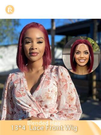 Glueless 13x4 Lace Front Wigs For Women Straight Blende Hair Bob Wig Pre Plucked Pre Cut Lace 180% Density Basic Style Wig Applicable For Africans 6-16inch Short Bob Wig Blended Wigs-A Mix Of Human Blended Hair And Synthetic Black/Brown/Burgundy/Orange Color