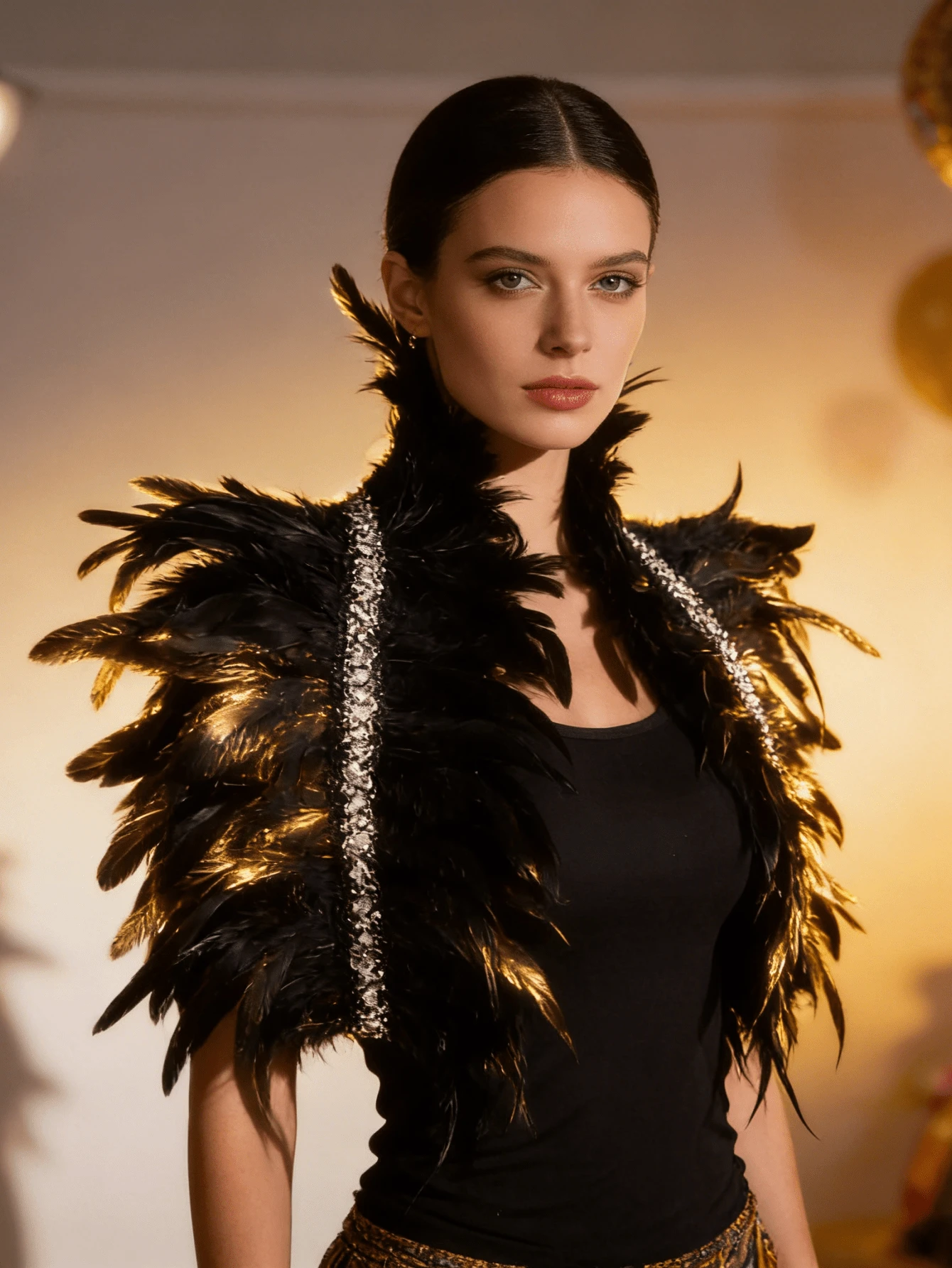 1 Chiếc Khăn Khoác Vai Giả Lông Vũ – Khăn Khoác Lông Vũ Kiểu Đà Điểu Màu Đen với Viền Sequins | Phụ Kiện Lộng Lẫy Cho Tiệc Tùng, Câu Lạc Bộ & Sân Khấu | Thời Trang Cá Tính Phong Cách Y2K - màu đen - Xem 1