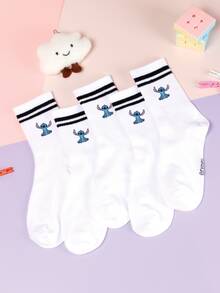 5/1 Pair Stitch Cartoon Pattern Mid-Calf Socks, Sports Stripe Design, Polyester Material, Cute Cartoon Pattern, Fashionable Casual Breathable, Suitable For Daily Wear, Back To School Season And Holiday Gifts. - Multicolor - View 4
