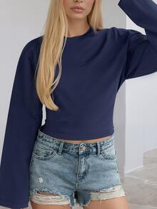 Áo thun dệt kim dài tay cổ tròn dành cho nữ, màu xanh navy, thích hợp mặc mùa xuân và hè. - xanh đậm - Xem 4