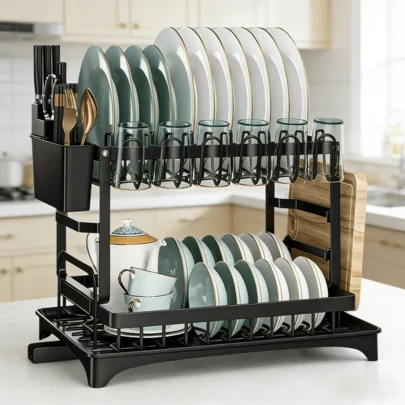 Rejilla multiusos de 2 niveles, adecuada para varios espacios - Se puede usar para almacenar vajilla, escurrir y ahorrar espacio en la cocina. Puede sostener platos, tazones, tazas, cubiertos y tablas de cortar, manteniendo la vajilla ordenada y limpia. Accesorio de cocina