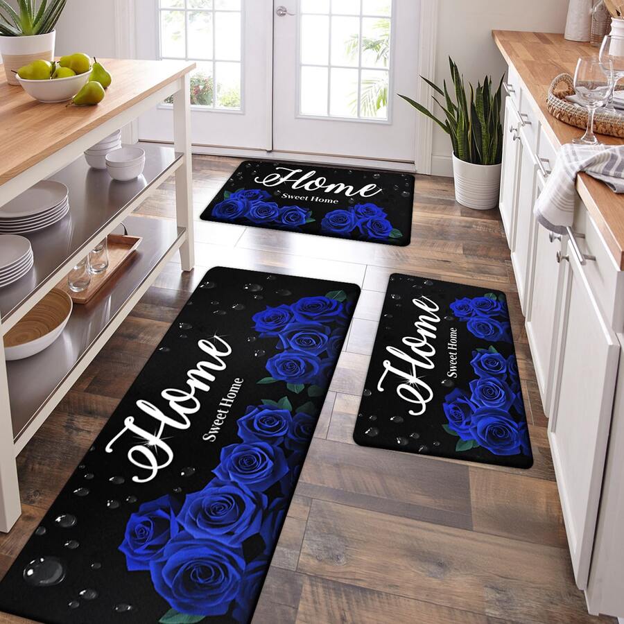 1/2/3 piezas Alfombra de cocina de primavera y verano para uso diario con diseño de rosas azules, alfombra de poliéster para cocina, baño, entrada, fiesta, decoración del hogar, alfombra de cocina, felpudo - Multicolor - Ver 1
