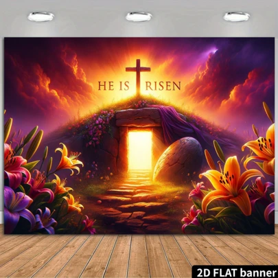2D Flat Easter Jesus "He Is Risen" Background, Glowing Tomb And Cross Scene Banner, Event And Supplies Party Decor, Multicolor, Background Banner, Party Supplies Decorations