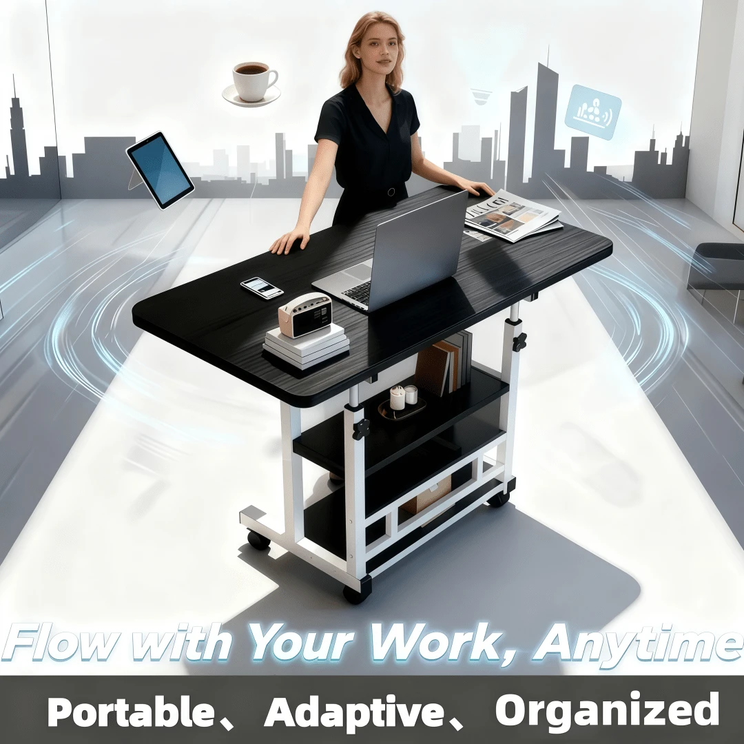 Adjustable Height Movable Caster Desk - Heavy Duty Foldable Computer Desk With Storage Shelves, Wood/Metal Frame, Space-Saving, Suitable For Offices, Bedrooms, Dormitories, Small Spaces - Easy Assembly Without Tools, Modern Desk, Plywood Tabletop, Sturdy Small Workbench, Apartment Living - màu đen - Xem 1