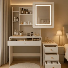 Dressing Table With Sliding LED Mirror And Light, Dressing Station Set With Movable Drawers, And Open Shelves, Bedroom Or Bathroom Dressing Table, Christmas Gift - Trắng (có tủ đầu giường) - Xem 2