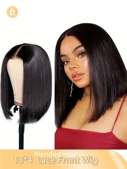 Glueless 13x4 Lace Front Wigs For Women Straight Blende Hair Bob Wig Pre Plucked Pre Cut Lace 180% Density Basic Style Wig Applicable For Africans 6-16inch Short Bob Wig Blended Wigs-A Mix Of Human Blended Hair And Synthetic Black/Brown/Burgundy/Orange Color