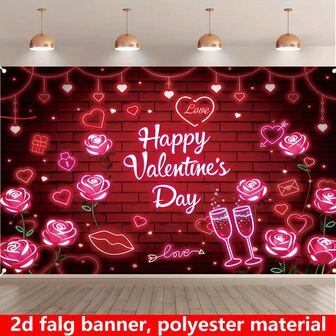 2 bannières en forme de drapeau, 1 pièce, banderoles décoratives pour la fête de la Saint-Valentin, fournitures de mise en scène pour les vacances, motif rose d'amour, décorations de fête de mariage, toile de fond décorative, créer une atmosphère festive, banderoles décoratives à suspendre.