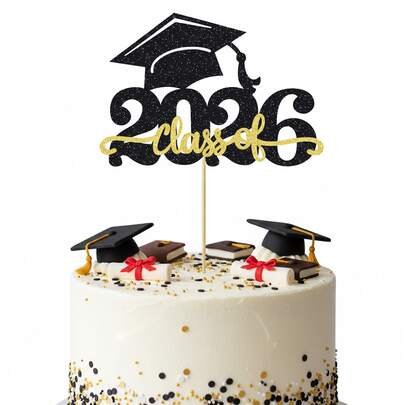 1Pc Class Of 2026 Graduation Cake Topper, Glitter Black & Gold Graduation Party Decorations, Senior 2026 Cake Insert Sign For High School College Graduation Ceremony Supplies